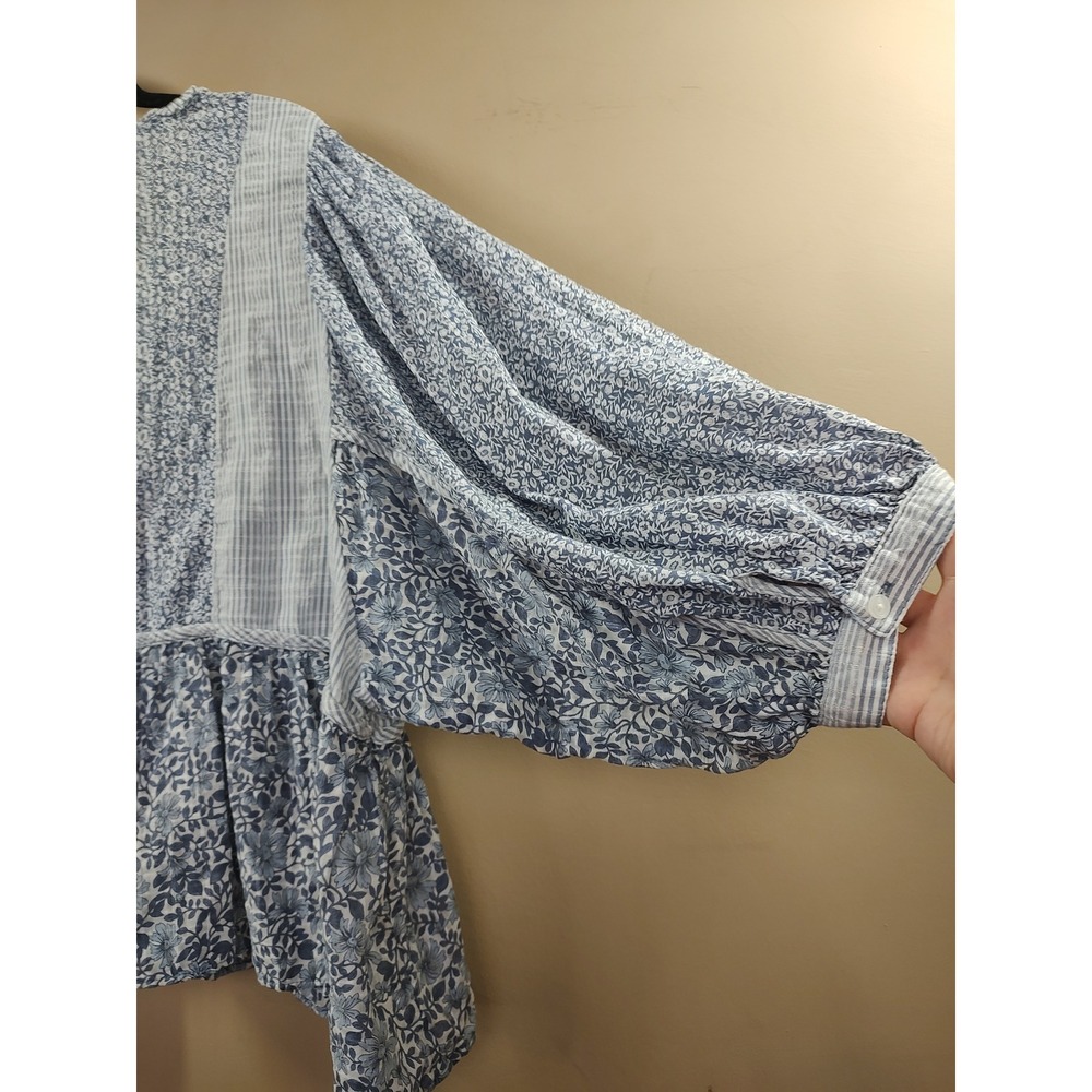 American Eagle Women XXL Blue Floral Stripe Mixed Print Babydoll Blouse Top - Picture 6 of 8